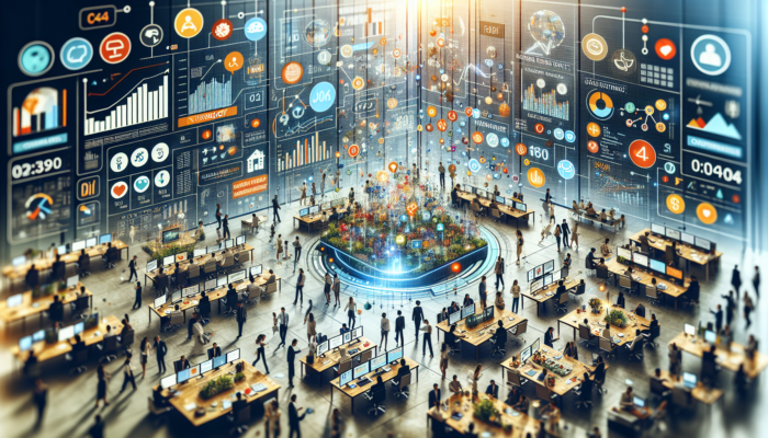 A digital dashboard displaying high views, moderate clicks, and customer actions in a busy business environment.