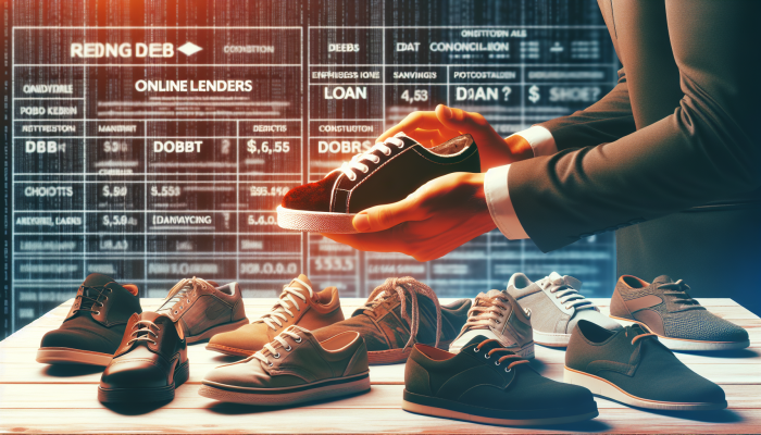 Online Lenders For Debt Consolidation Loans: The Ultimate Guide | DCL Online Lenders For Debt Consolidation Loans: A person selecting shoes, symbolizing the choice of online lenders, surrounded by financial charts and loan documents.