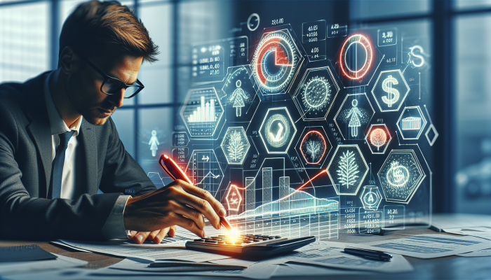 Online Lenders For Debt Consolidation Loans: The Ultimate Guide | DCL Person examining loan document, focusing on interest rates and repayment terms, utilising graphs and calculators in an office setting.
