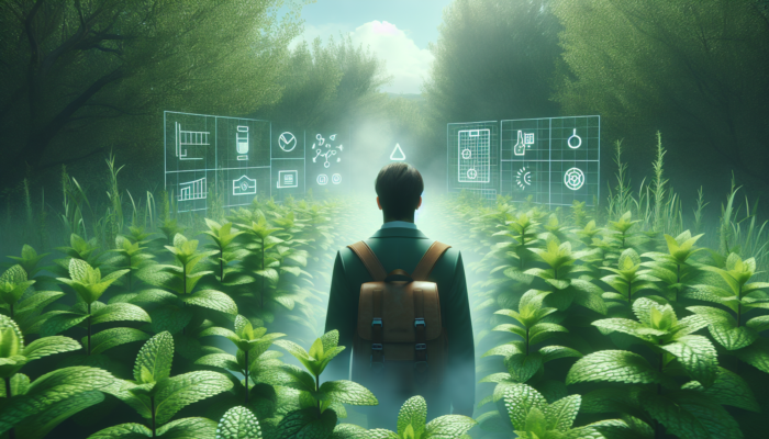 A person surrounded by lush peppermint plants, feeling refreshed by cool mist in a serene, green environment.