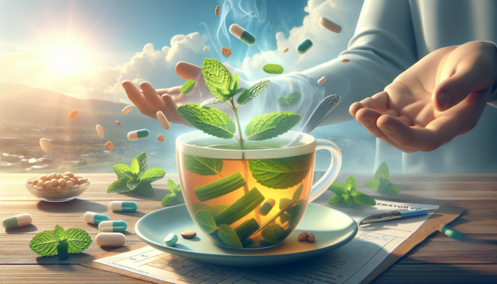 A steaming cup of peppermint tea with mint leaves, cooling mist, aiding digestion on a warm summer day.