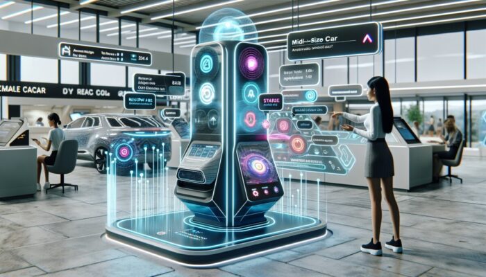 Futuristic car rental office with voice-activated kiosk; user quickly books mid-size car for weekend using holographic screens.