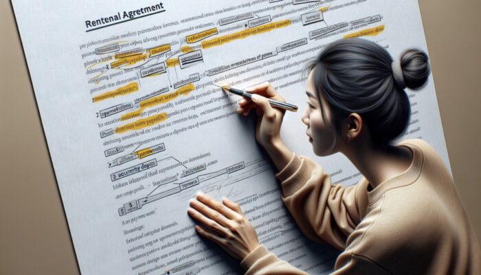 Individual reviewing rental agreement, highlighting payment terms, deposits, and hidden fees.