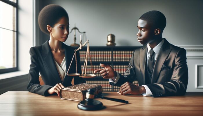 Individual consulting with lawyer in an office, pointing at a legal document, surrounded by law books and a justice scale.