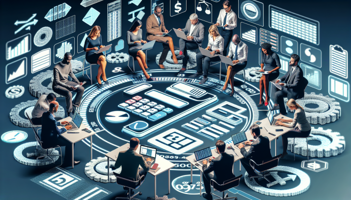 A diverse group reviewing financial documents and calculators in a modern UK office, surrounded by credit and debt symbols.
