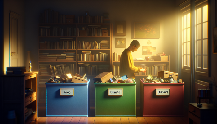 Individual sorting sentimental items into 'keep', 'donate', and 'discard' boxes, reflecting in a softly lit room.