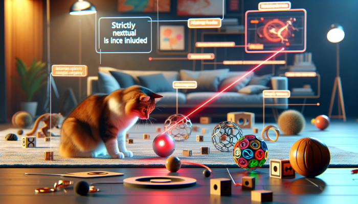 A cat focused on a laser dot, surrounded by interactive toys in a colourful home environment.