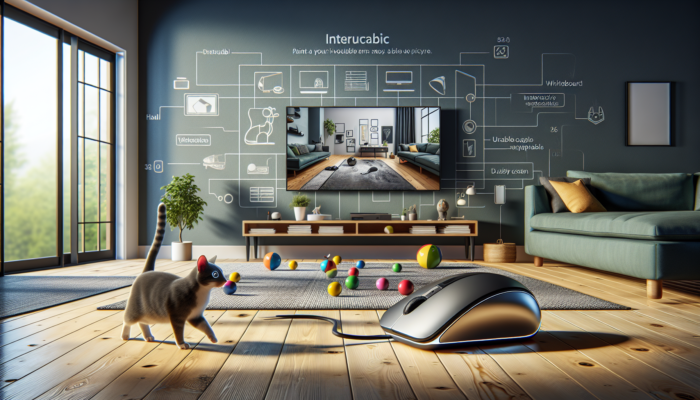 A robotic mouse and interactive balls entertaining a cat in a modern living room.