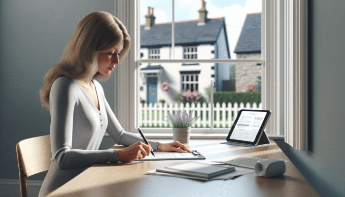 Individual signing Lasting Power of Attorney at desk, UK home visible through window, symbolising remote management.