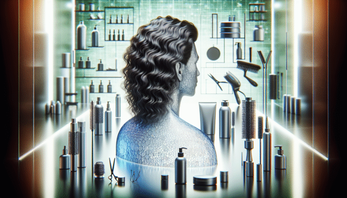 Person with wavy hair using products and tools for hair care in humid environment.