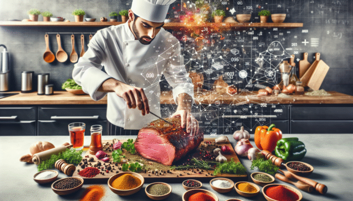 Chef seasoning and stuffing a roast with colorful spices and herbs in a vibrant kitchen.