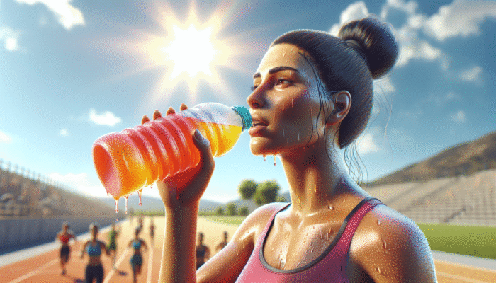 Person drinking colourful electrolyte drink, sweating in a hot, sunny environment, underscoring the importance of hydration and physical activity.