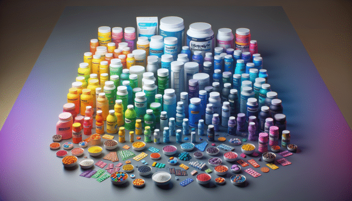 A vibrant selection of electrolyte supplements in powders, tablets, and drinks arranged on a table.