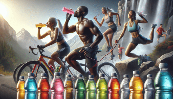 Vibrant ready-to-drink electrolyte beverages positioned with athletes hydrating during intense workouts.