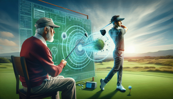 A South African golf coach illustrating the perfect swing plane and path on a lush green course.
