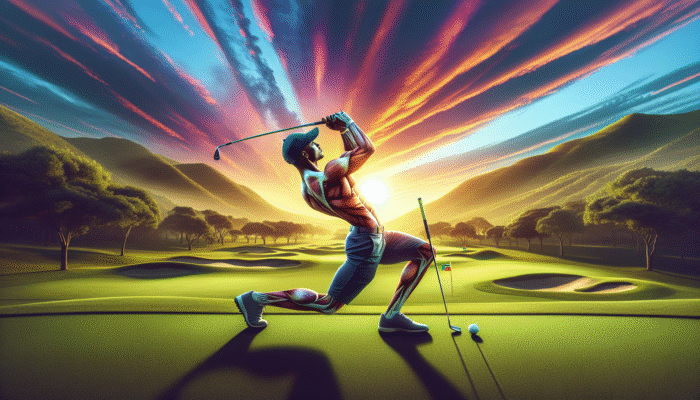 A South African golfer performing a side plank on the golf course at sunset, boosting swing power and stability.