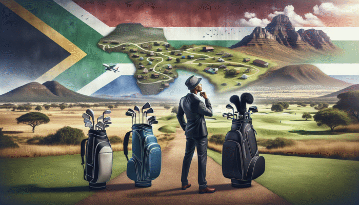 A golfer in South Africa selecting between stand, cart, and travel golf bags amidst varied landscapes.