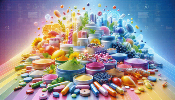 A vibrant assortment of dietary supplements displayed in capsules, tablets, and powders on a colourful background.