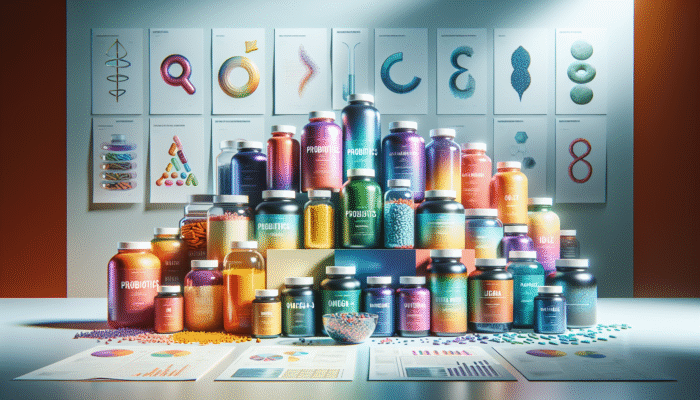 Collection of specialty supplement bottles featuring probiotics, omega-3, and protein powders on a health-oriented backdrop.