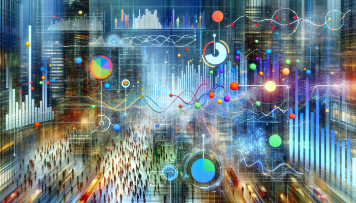 Digital dashboard displaying Google My Business Insights with graphs and charts illustrating customer behaviour in an urban setting.