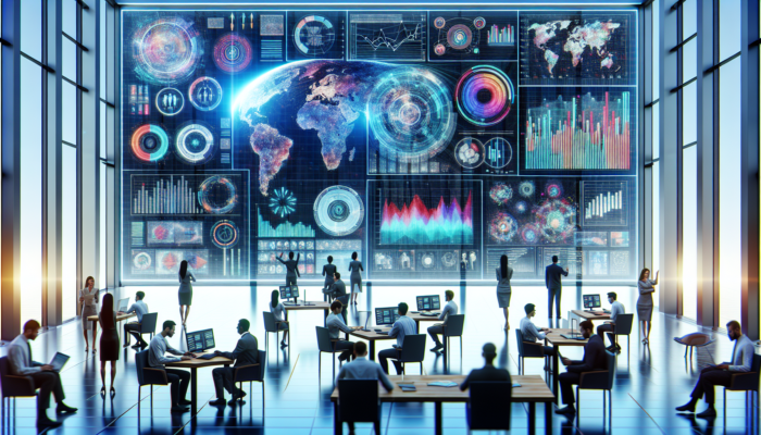 Modern office environment with professionals analysing strategic data insights on a large interactive screen.