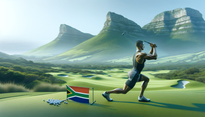 A South African golfer doing tailored exercises on a lush golf course with undulating hills, enhancing strength, flexibility, and mental resilience.