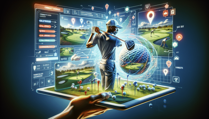 A South African golfer using a tablet with an interactive golf app, featuring virtual challenges and community leaderboards.