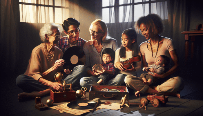 Family gathering in a warmly lit room, sharing stories and cherished items during house clearance.