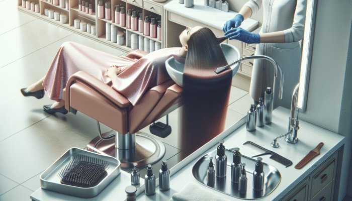 A client receiving a keratin treatment in a serene salon, surrounded by essential tools and products.