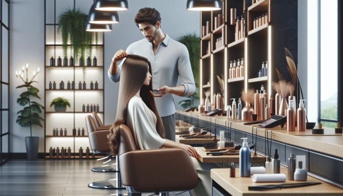 A stylist consulting a client in a serene salon, assessing her long, thick hair before a keratin treatment.