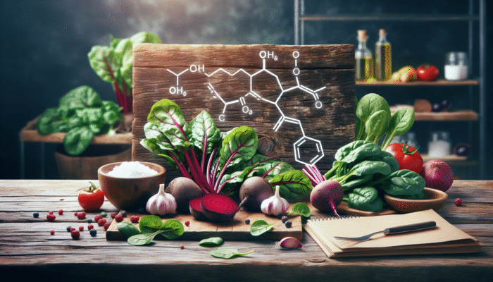 A variety of nitrate-rich foods like beets, spinach, and garlic displayed on a rustic table, alongside nitric oxide molecules.