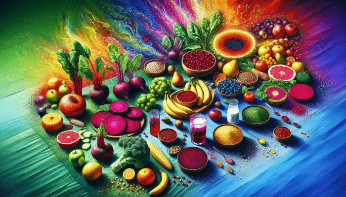 A table abundant with nitrate-rich vegetables such as beets and spinach, fruits, and whole grains that boost nitric oxide levels.