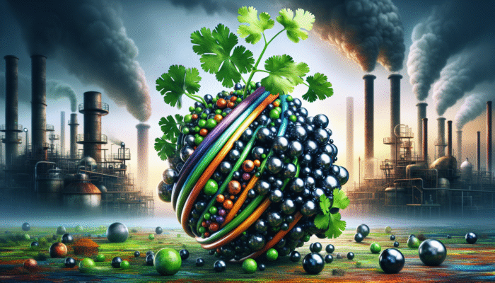 Cilantro for Heavy Metal Cleanse: Illustration of cilantro leaves binding and extracting heavy metals in an industrial setting.