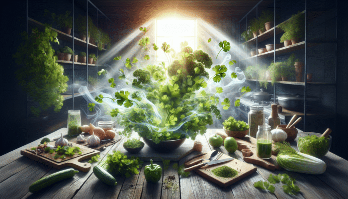 Fresh cilantro being added to salads, smoothies, and soups on a rustic wooden table.