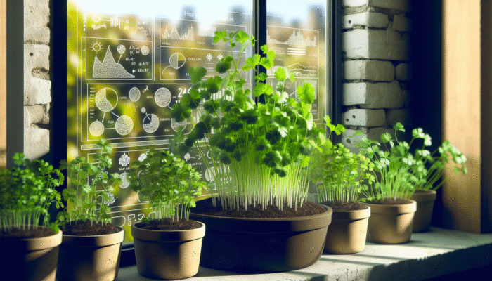 Lush cilantro plants thriving in sunlit windowsill pots with rich, organic soil.