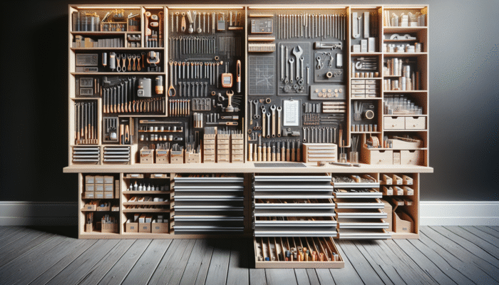 A well-organised workshop with neatly sorted tools on labeled shelves and drawers.