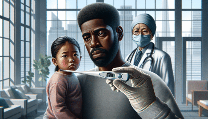 Digital thermometer displaying rapid reading, parent checking child's temperature, doctor in background, modern home.
