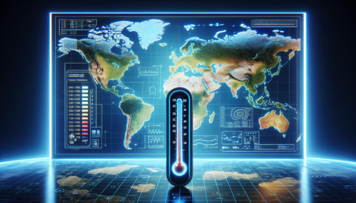 Digital thermometer on a global map, demonstrating consistent readings across climates for standardized healthcare monitoring.