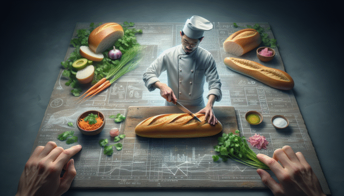 A Vietnamese chef toasting and slicing a baguette for banh mi, with traditional ingredients nearby.