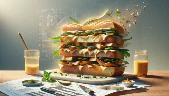 A toasted baguette with herb-infused butter and mayonnaise, layered with proteins and pickles, enhancing the banh mi's flavors.