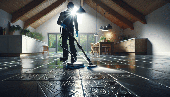 A person cleaning a UK slate floor with eco-friendly products, demonstrating the floor's natural sheen in a modern home.