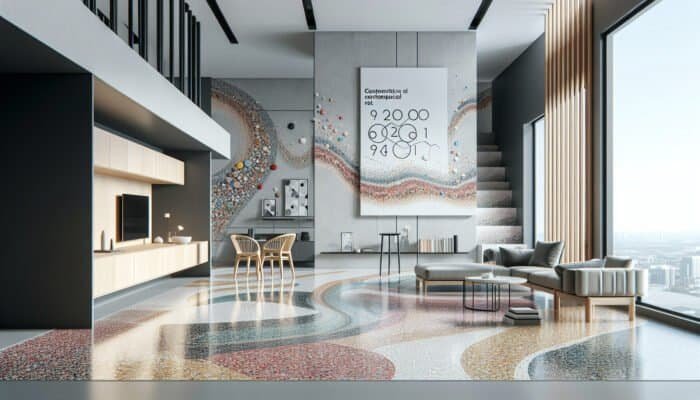 Restoring Terrazzo Floors: Modern interior showcasing vibrant, swirling terrazzo flooring in a sleek, contemporary apartment.