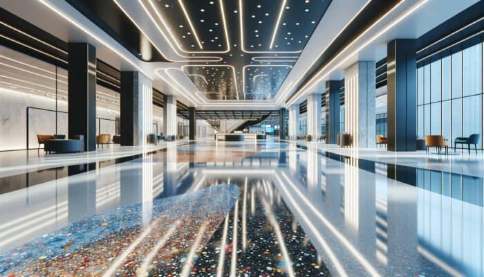 Vibrant epoxy terrazzo flooring in a modern commercial space, reflecting light and durability.