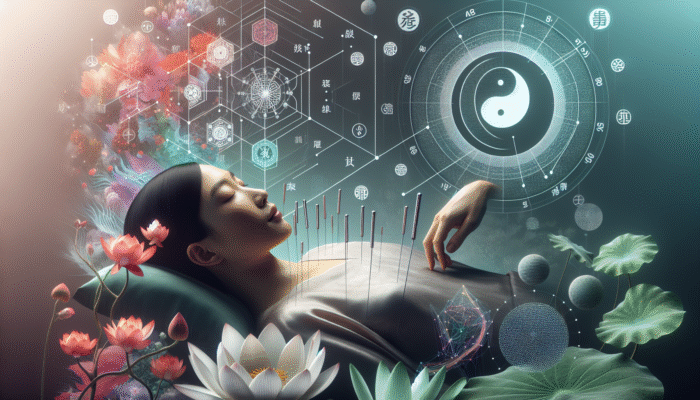 A serene East Asian woman receiving acupuncture with needles along meridian lines, surrounded by traditional Chinese medicine symbols.