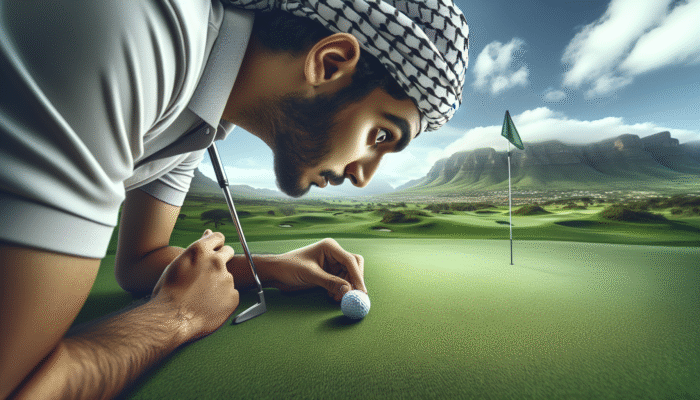 A golfer analysing the fringe of a green in South Africa to strategise putt speed and break.
