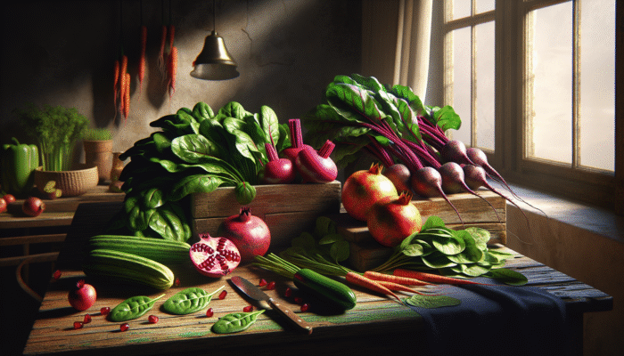 Beets, spinach, and pomegranates on a rustic wooden table, highlighted by soft natural light.