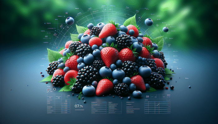 A colorful fruit salad of antioxidant-rich berries like blueberries, strawberries, and blackberries, set against lush greenery.
