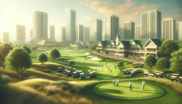 A busy golf course with players, vibrant clubhouse, and calendar showing peak season dates, highlighting booking urgency.