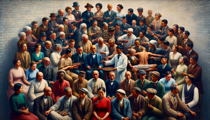 Early 20th-century British individuals surrounding an acupuncturist, illustrating a blend of curiosity and skepticism towards this ancient Chinese practice.
