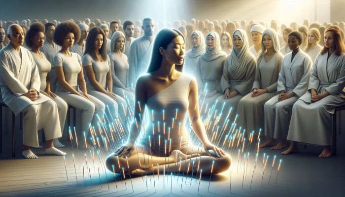 Calm Asian woman undergoing acupuncture, encircled by glowing needles, observed by a diverse audience.